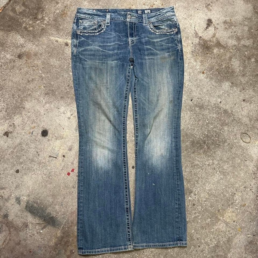 Miss Me Y2K blue bootcut faded jeans with white stitching